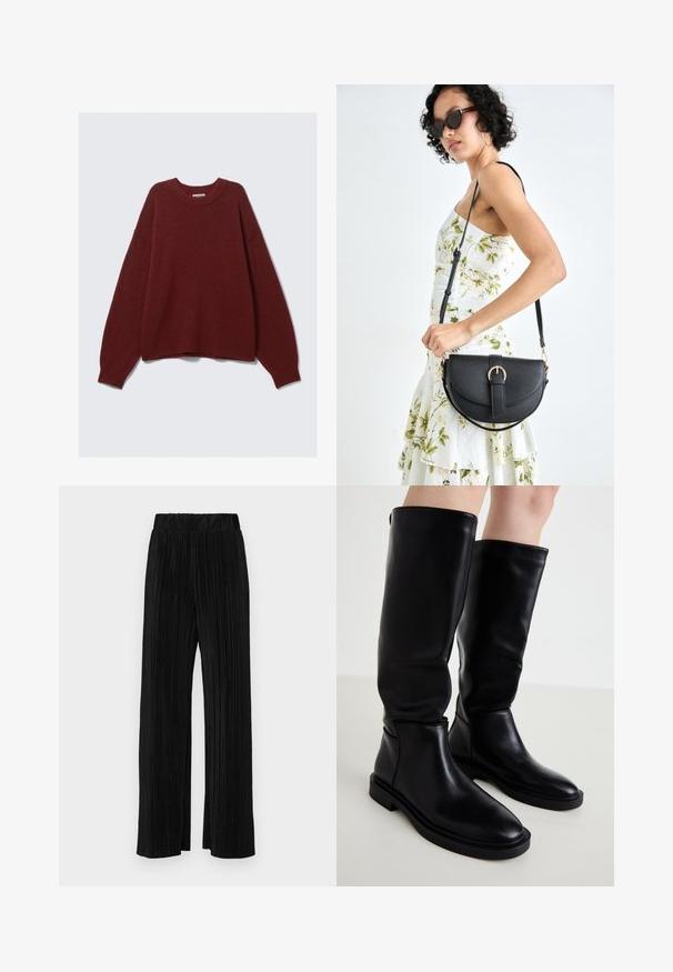 Bordeauxfarbener Pullover aus weichem Stoff, mit rundem Halsausschnitt, überschnittenen Schultern und gerippten Bündchen und Saum, mit legerem Schnitt.; Schwarze plissierte Hose mit elastischem Bund. Verfügt über weite Hosenbeine und einen glatten, strukturierten Stoff mit vertikalen Streifen.; Schwarze knöchelhohe Stiefel aus glattem Leder mit runder Zehenpartie, minimalistischem Design und flacher Gummisohle. Nahtdetails an den Seiten.; Schwarze Lederhandtasche mit geschwungener Form, abnehmbarem Tragegurt und goldenen Beschlägen. Die Tasche verfügt über einen Deckel mit einer Schnallen-Details.