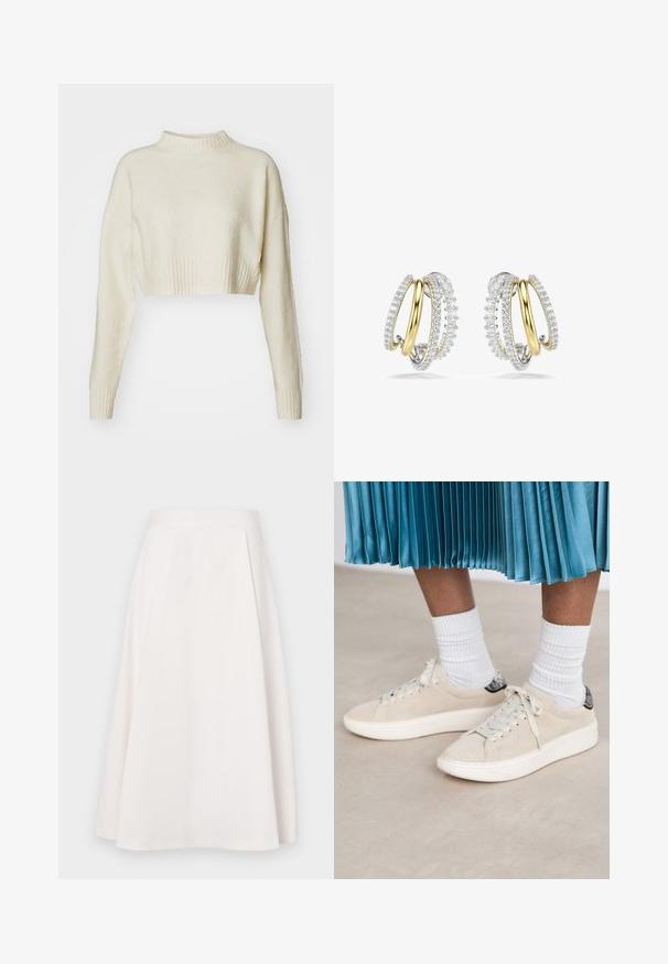 Gekürzter, cremefarbener Pullover aus weichem Material. Mit hohem geripptem Halsabschluss und langen Ärmeln mit gerippten Bündchen. Glatte Textur, minimales Design.; Ein knielanger, weißer A-Linien-Rock aus glattem Stoff, mit einem flachen Bund und dezenten Falten für zusätzliche Form und Bewegung.; Beige Wildleder-Sneaker mit einer weißen Gummisohle und Schnürdesign. Akzentuiert mit einem strukturierten schwarzen Rückenelement. Tragen Sie sie mit weißen gerippten Socken.; Gold- und Silberohrringe mit ineinander verschlungenen Designs, verziert mit klaren Edelsteinen entlang der äußeren Kanten, die mit aufwendigen Details glänzen.