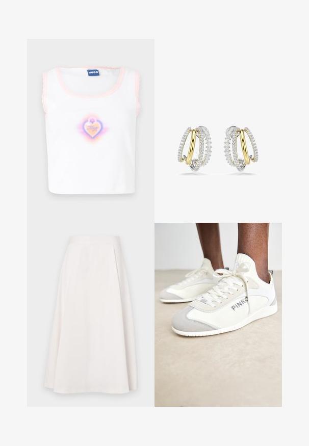 Lyhyet, kermaväriset neuleet, joka on valmistettu pehmeästä kankaasta. Sisältää korkean ribatun kauluksen ja pitkät hihat ribatuilla hihansuilla. Sujuva pinta, minimalistinen muotoilu.; Valkoinen hihaton paita, jossa on vaaleanpunaiset aaltoreunat. Takissa on keskellä sydänkuvio pastelliväreissä ja sen sisällä on teksti "Hugo".; Polvihame, valkoinen A-linjainen hame, joka ulottuu polveen ja on valmistettu sileästä kankaasta. Hameessa on litteä vyötärö ja hienovaraiset laskokset, jotka lisäävät muotoa ja liikettä.; Valkoiset ja harmaat urheilusneakerit, joissa on tekstiilinen pinta ja mokkanahkaosuuksia. Ominaisuuksina nauhakuormitus ja näkyvä brändäys sivussa.; Kultaketjuiset korvakorut kullasta ja hopeasta, joissa on kudotut muodot, koristeltuna kirkkailla kivillä ulkoreunoilla, esittelemässä monimutkaista yksityiskohtaisuutta.