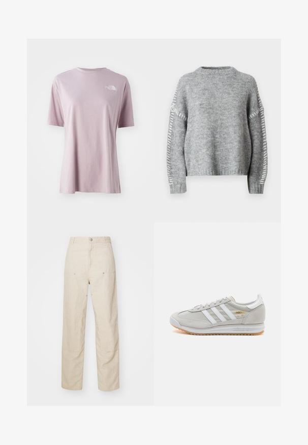 JDY JDYZOEY LIFE ON STITCH NOOS - Pulover - light grey melange; Tricou scurt cu mânecă, de culoare lila deschis, fabricat dintr-un material moale, având un logo alb pe partea stângă sus a pieptului și un croi lejer.; Pantaloni din in bej cu o croială relaxată, dotati cu buzunare laterale și detalii decorative de cusătură, talie fără cusături și picioare drepte.; Tenis light grey din suede și plasă, cu trei dungi albe, vârf rotund și o talpă din cauciuc gumă. Accente de logo aurii lângă șireturi.