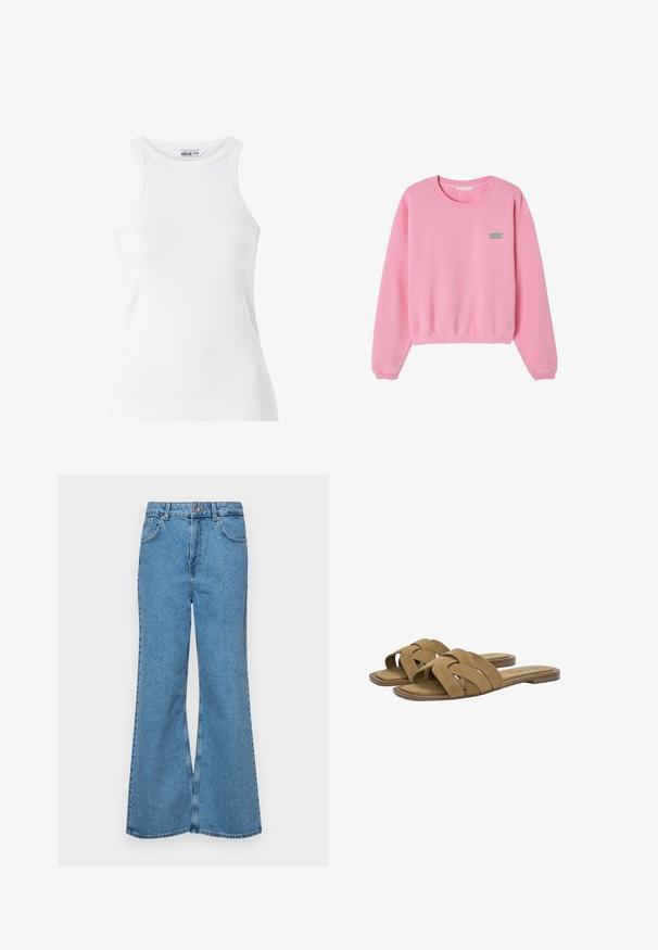 American Vintage IZUBIRD - Sweatshirt - rose vintage; White ribbed tank top with a high neckline and sleeveless design. Soft texture, fitted shape, and minimal stitching detail.; Light blue flared jeans made of denim, featuring a high waist, five pockets, and a single button closure. Soft texture with faded finish.; Brown suede slide sandals with crisscross strap design and a flat sole. Soft texture and minimalistic shape. Suitable for casual wear.