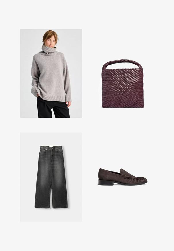 Nainen, jolla on vaaleanruskeat hiukset, pukeutuneena löysään harmaaseen poolopaitaan ja mustiin housuihin, seisoo yksinkertaista vaaleaa taustaa vasten.; La Lebar longgar, pinggang tinggi dalam denim abu-abu gelap. Dilengkapi dengan lima saku, paku logam, dan lingkar pinggang. Tekstur yang halus dengan sedikit pudar.; Ruske suede loaferit, joissa on matala musta korko ja rypytetty yksityiskohta edessä. Sujuva pinta, pyöristetty varvas ja minimalistinen muotoilu.; Vytkávaná kožená kabelka v tmavě burgundské barvě, čtvercového tvaru s kulatou rukojetí a texturovaným vzorem. Minimalistický design.