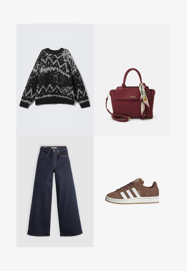 Black and grey patterned knit sweater with a round neck and ribbed hem. Features geometric designs and a soft, textured appearance.; White long-sleeve button-up shirt with a pointed collar and gathered cuffs, displayed on a plain white background.; Wide-leg denim jeans in dark blue with contrast stitching. Features traditional five-pocket design and a button closure at the waist.; Brown suede sneakers with white leather stripes, rubber sole, rounded toe, and lace-up front. Features a logo on the tongue and perforated accents.; Burgundy handbag made of synthetic material with a structured design, featuring a detachable strap and a floral-patterned scarf tied to the handle.