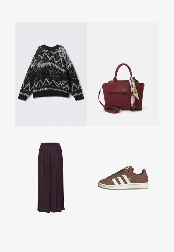 Schwarzer und grauer gestrickter Pullover mit Rundhalsausschnitt und geripptem Saum. Die geometrischen Designs verleihen ihm ein weiches, strukturiertes Aussehen.; Weißes Langarm-Hemd mit Knopfleiste, spitzem Kragen und gerafften Manschetten, auf einem schlichten weißen Hintergrund präsentiert.; Weite Hosen aus leichtem, dunkelviolettem Stoff. Mit einem elastischen Bund und einem fließenden Design mit glatter Textur.; Braune Wildledersneaker mit weißen Lederstreifen, Gummisohle, gerundetem Zehenbereich und Schnürung. Mit einem Logo auf der Zunge und perforierten Akzenten.; Burgunderfarbene Handtasche aus synthetischem Material mit strukturiertem Design, ausgestattet mit einem abnehmbaren Trageriemen und einem blumenmusternden Schal, der am Griff gebunden ist.