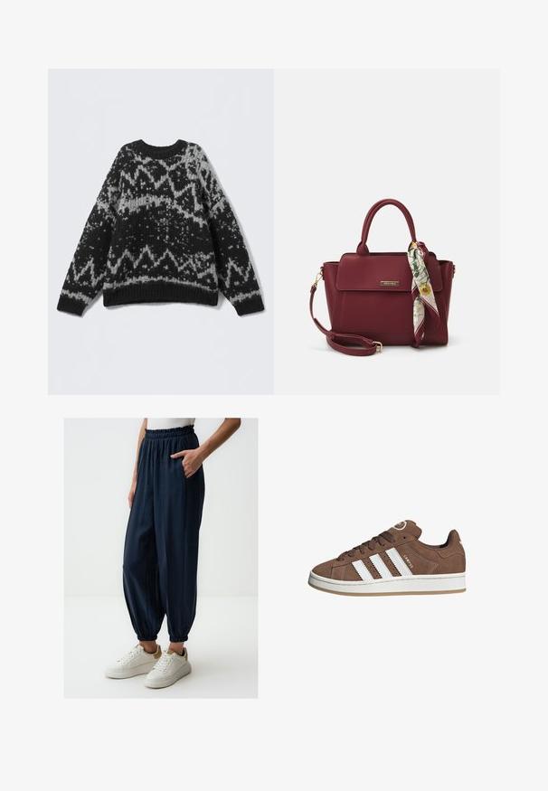 Pull en tricot noir et gris à motif avec un col rond et un ourlet côtelé. Présente des motifs géométriques et une apparence douce et texturée.; Chemise blanche à manches longues à col pointu et poignets froncés, présentée sur un fond blanc uni.; Pantalons coupe ajustée en bleu marine, légers, avec une taille élastique et des chevilles côtelées, dotés de poches latérales. Portés avec des baskets blanches.; Baskets en daim marron avec des bandes en cuir blanc, semelle en caoutchouc, bout arrondi et lacets. Comprend un logo sur la languette et des accents perforés.; Sac à main bourgogne en matériau synthétique avec un design structuré, doté d'une bandoulière amovible et d'un foulard à motif floral noué au poignet.