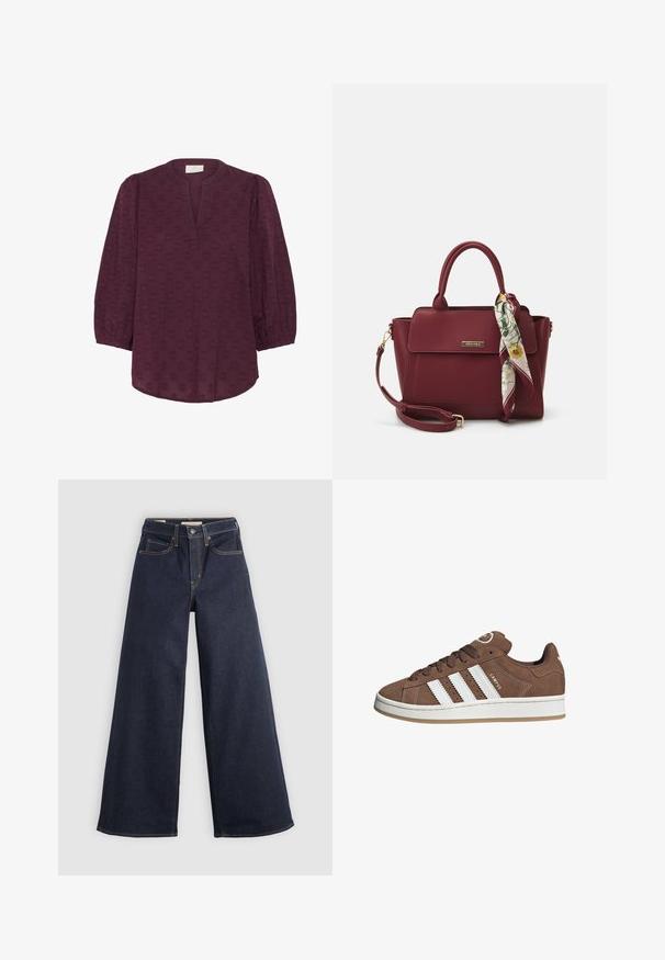 Schwarzer und grauer gestrickter Pullover mit Rundhalsausschnitt und geripptem Saum. Die geometrischen Designs verleihen ihm ein weiches, strukturiertes Aussehen.; Kaffe Bluse - windsor wine; Helle-bein Jeans aus Denim in Dunkelblau mit Kontrastnähten. Mit traditionellem Fünf-Taschen-Design und einem Knopfverschluss an der Taille.; Braune Wildledersneaker mit weißen Lederstreifen, Gummisohle, gerundetem Zehenbereich und Schnürung. Mit einem Logo auf der Zunge und perforierten Akzenten.; Burgunderfarbene Handtasche aus synthetischem Material mit strukturiertem Design, ausgestattet mit einem abnehmbaren Trageriemen und einem blumenmusternden Schal, der am Griff gebunden ist.