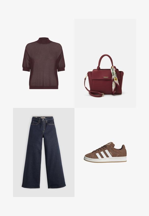 Schwarzer und grauer gestrickter Pullover mit Rundhalsausschnitt und geripptem Saum. Die geometrischen Designs verleihen ihm ein weiches, strukturiertes Aussehen.; Kurzarmoberteil mit hohem Kragen aus tiefburgunderfarbener Strickware, das ein strukturiertes, offenes Muster sowie gerippte Säume und Bündchen aufweist.; Helle-bein Jeans aus Denim in Dunkelblau mit Kontrastnähten. Mit traditionellem Fünf-Taschen-Design und einem Knopfverschluss an der Taille.; Braune Wildledersneaker mit weißen Lederstreifen, Gummisohle, gerundetem Zehenbereich und Schnürung. Mit einem Logo auf der Zunge und perforierten Akzenten.; Burgunderfarbene Handtasche aus synthetischem Material mit strukturiertem Design, ausgestattet mit einem abnehmbaren Trageriemen und einem blumenmusternden Schal, der am Griff gebunden ist.