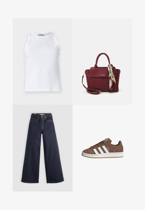 Schwarzer und grauer gestrickter Pullover mit Rundhalsausschnitt und geripptem Saum. Die geometrischen Designs verleihen ihm ein weiches, strukturiertes Aussehen.; Weißer, gerippter Tanktop mit rundem Ausschnitt, ärmellosem Design und kleinem Logo auf der Vorderseite. Glatte Textur und figurbetonter Schnitt.; Helle-bein Jeans aus Denim in Dunkelblau mit Kontrastnähten. Mit traditionellem Fünf-Taschen-Design und einem Knopfverschluss an der Taille.; Braune Wildledersneaker mit weißen Lederstreifen, Gummisohle, gerundetem Zehenbereich und Schnürung. Mit einem Logo auf der Zunge und perforierten Akzenten.; Burgunderfarbene Handtasche aus synthetischem Material mit strukturiertem Design, ausgestattet mit einem abnehmbaren Trageriemen und einem blumenmusternden Schal, der am Griff gebunden ist.