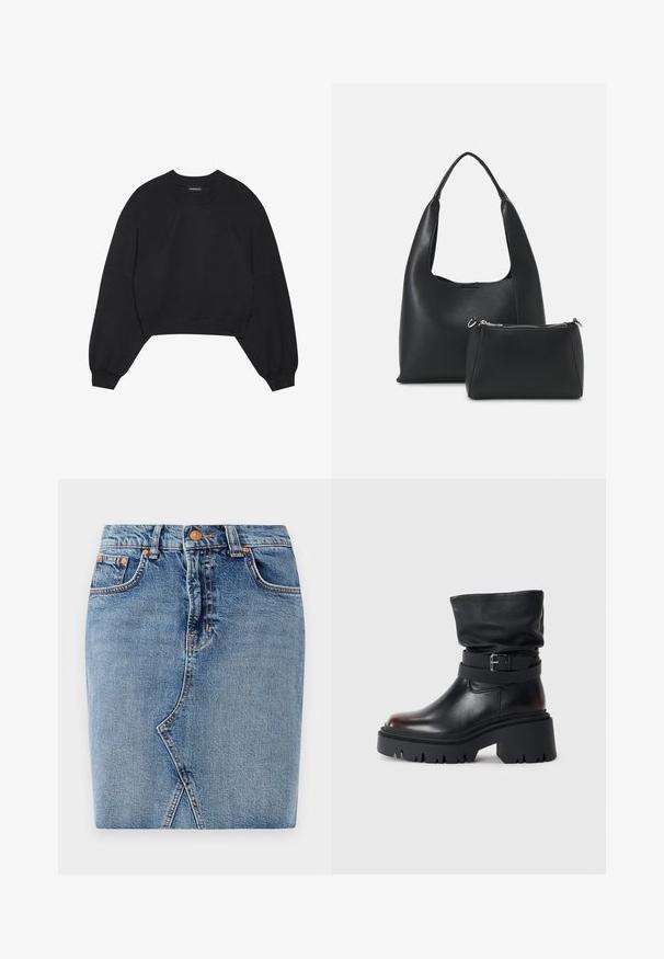 Hanorac scurt negru, confecționat dintr-un material moale, cu mâneci lungi tip raglan, guler rotund și manșete elastice. Fără modele sau accesorii notabile.; Fustă din denim de culoare albastră medie, cu un design ajustat, buzunare frontale și detalii cu cusături diagonale. Talie standard cu închidere cu buton metalic.; Botină din piele neagră, cu un tiv căzut, detaliu cu cataramă și talpă groasă, robustă. Are vârf rotund și textură netedă.; Even&Odd Geantă de mână - black
