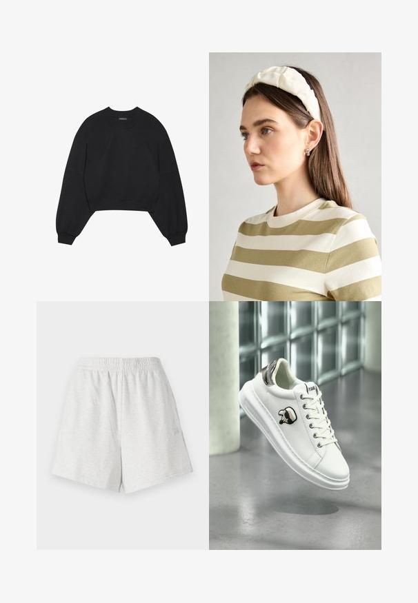 Svart avkortet hettegenser laget av mykt stoff, med lange raglanermer, rund hals og elastiske mansjetter. Ingen bemerkelsesverdige mønstre eller maskinvare.; Grå bomullsshorts med elastisk midje, sidesømmer, og ingen synlige lommer. Myk tekstur med et enkelt design og uten mønstre.; Hvit Karl Lagerfeld-sneaker med snøring i front, svart og beige logo-patch, og metallisk sølv hæltab, flytende over et grått gulv.; Kremfarget polstret hodebånd med tvunnet design, kombinert med en beige og hvit stripete skjorte med rund halsutskjæring. Subtile smykker som aksenter.
