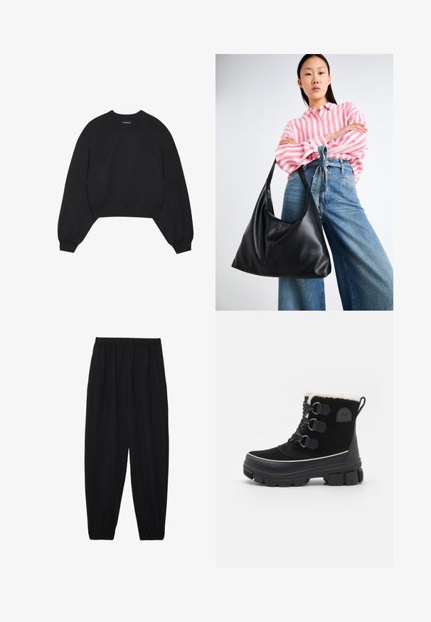 Black cropped sweatshirt made of soft fabric, featuring long raglan sleeves, a round neck, and elastic cuffs. No notable patterns or hardware.; Black, lightweight pants with an elastic waistband and gathered ankles. The fabric is smooth and features a relaxed, tapered design.; Black waterproof boots with suede upper, faux fur lining, three eyelet lace system, thick rubber outsole, and contrasting white trim.; Black leather shoulder bag with a slouchy shape and seam details. Model wears a pink and white striped shirt with wide-leg blue jeans.