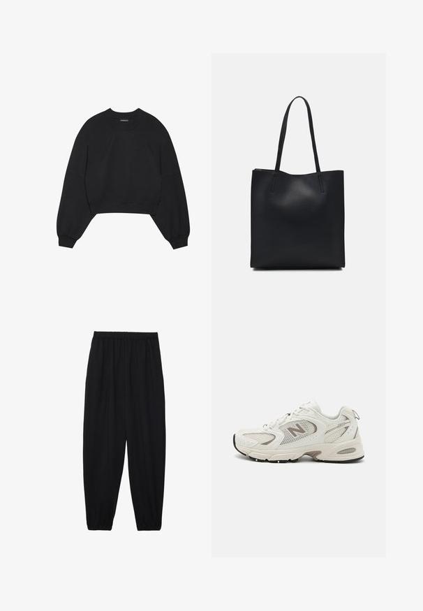 Black cropped sweatshirt made of soft fabric, featuring long raglan sleeves, a round neck, and elastic cuffs. No notable patterns or hardware.; Black, lightweight pants with an elastic waistband and gathered ankles. The fabric is smooth and features a relaxed, tapered design.; White mesh running shoe with gray accents, rounded toe, lace-up design, cushioned sole, and a prominent "N" logo on the side.; Black leather tote bag with smooth texture, rectangular shape, and two long handles. No visible hardware or embellishments.