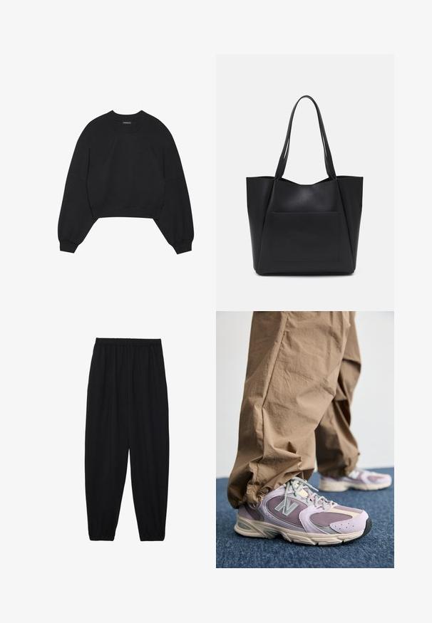 Melnas īsās apgrieztās sporta kreklas, kas izgatavots no maiga auduma, ar garām raglanu piedurknēm, apaļu kakla izgriezumu un elastīgām aprocēm. Nav ievērojamu rakstu vai detaļu.; Melnas, vieglas bikses ar elastīgu jostu un savilktiem potītiem. Audums ir gluds un to raksturo brīva, sašaurināta forma.; Gaišpelēku un lavandas krāsas skriešanas apavi ar sieta un sintētiskajiem materiāliem, ar noapaļotu pirkstu un mīkstinātu zoli. Valkāti ar vaļīgām bēšām biksēm.; Melna iepirkumu soma, kas izgatavota no gludas sintētiskas materiāla, ar divām garām rokturām un priekšējo kabatu. Atvērta augšdaļa ar leņķveida dizainu.