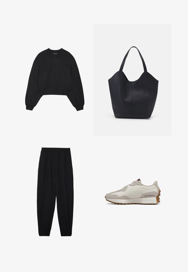 Black cropped sweatshirt made of soft fabric, featuring long raglan sleeves, a round neck, and elastic cuffs. No notable patterns or hardware.; Black, lightweight pants with an elastic waistband and gathered ankles. The fabric is smooth and features a relaxed, tapered design.; Low-profile beige and cream New Balance sneaker with gum sole and lace-up design, showing outer side profile on white background.; Black tote bag made of smooth leather, featuring a curved, open top with two shoulder straps and a minimalist design.