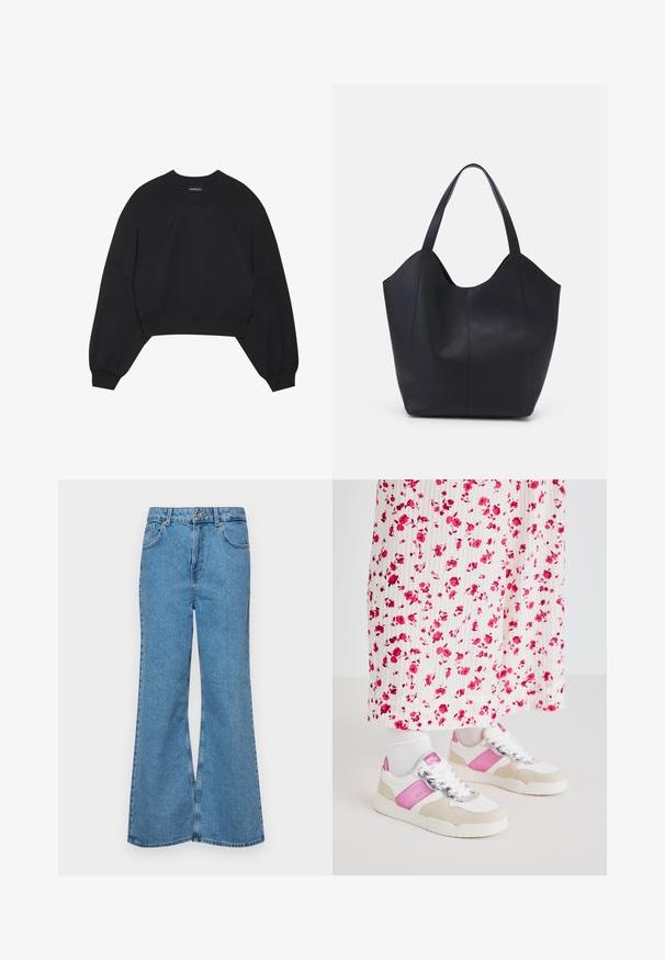 Crni skraćeni dukserica napravljena od mekog materijala, s dugim raglan rukavima, okruglim izrezom i elastičnim manžetama. Bez značajnih uzoraka ili dodataka.; Svijetloplave traperice s flared nogavicama, visokog struka, s pet džepova i jednim dugmetom za zatvaranje. Mekani materijal s izblijedjelim izgledom.; Bijele i ružičaste tenisice s akcentima od sivog nubuka, s sjajnom vezicom i ružičastom bočnom pločom, uparene s dugom plisiranom suknjom s cvjetnim uzorkom.; Crna torba od glatke kože, s zakrivljenim otvorenim vrhom, dva remena za rame i minimalističkim dizajnom.