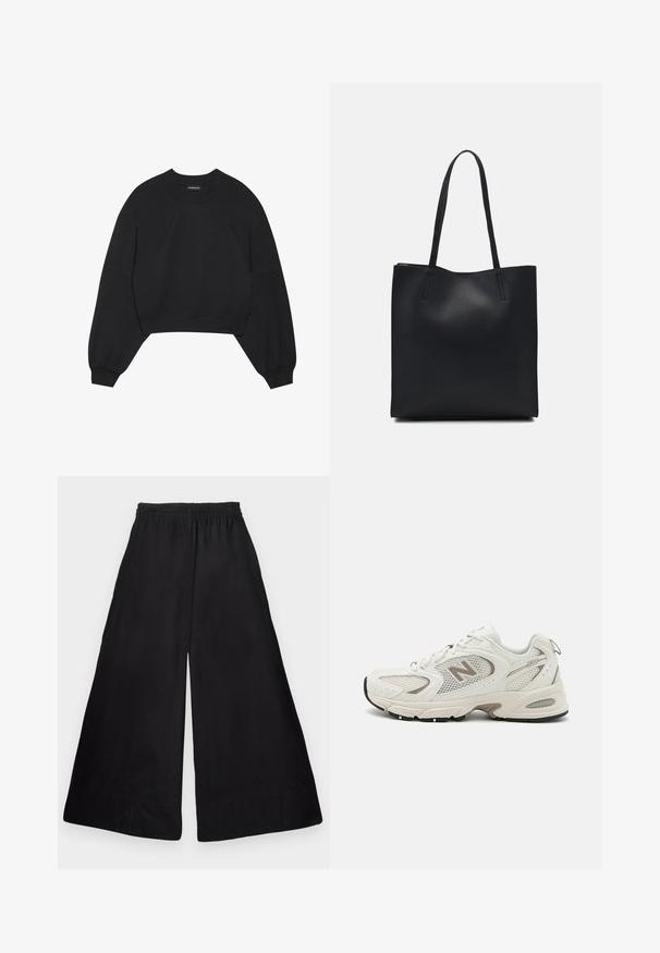 Svart avkortet hettegenser laget av mykt stoff, med lange raglanermer, rund hals og elastiske mansjetter. Ingen bemerkelsesverdige mønstre eller maskinvare.; Svarte vide bukser laget av glatt, lett stoff, med elastisk midjebånd og et rent, minimalistisk design uten mønstre.; Hvit mesh løpesko med grå detaljer, avrundet tå, snøring, polstret såle, og en fremtredende "N"-logo på siden.; Svart lær tote bag med glatt tekstur, rektangulær form og to lange håndtak. Ingen synlige deler eller dekorasjoner.