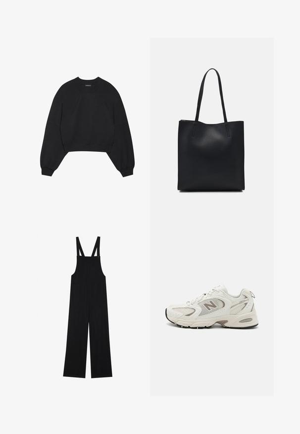 Svart cropped sweatshirt i mjukt tyg, med långa raglanärmar, rund hals och elastiska manschetter. Inga märkbara mönster eller metalldelar.; Svarta byxor i mjukt tyg med vida ben, två framfickor och justerbara axelremmar med knappdetaljer.; Vita nätlöparskor med grå detaljer, rundad tå, snörning, dämpad sula och en framträdande "N"-logotyp på sidan.; Svart lädertoffelväska med slät textur, rektangulär form och två långa handtag. Ingen synlig hårdvara eller dekorationer.