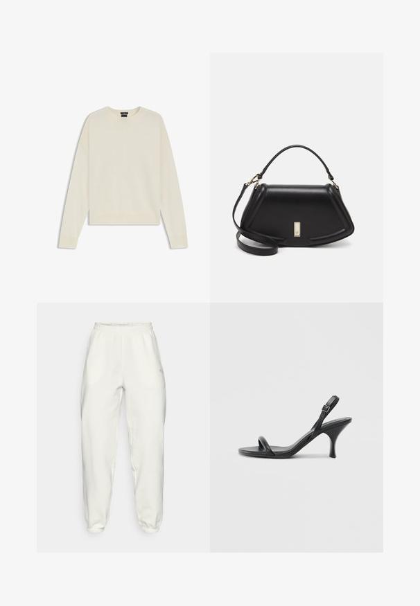 Light cream sweater made of soft knit fabric. Features a crew neckline, drop shoulders, and ribbed cuffs, with a relaxed fit and minimalist design.; Light-colored, cotton blend jogger pants with an elastic waistband and cuffs. Features side pockets and a small logo on the hip.; Black leather high-heeled sandals with a slim, curved heel and a crossed strap design. Adjustable ankle strap. Smooth texture.; Black leather handbag with a structured design, featuring a cropped shape, top handle, and gold hardware accent. Adjustable shoulder strap included.