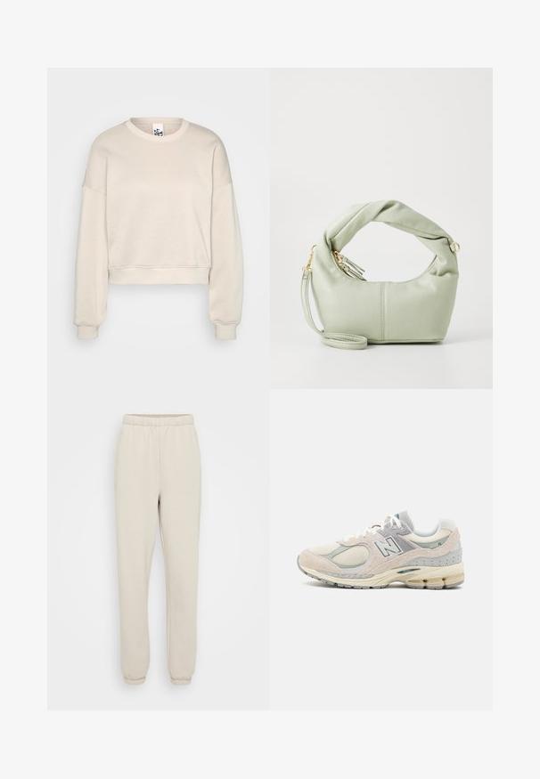 Beež crewneck lõikega lühikeste varrukatega särgid, millel on pikad varrukad ja soonikkoes mansetid ja alläär, esitatud halli neutraalses taustas.; Heledad beige spordipüksid pehmest kangast, millel on elastne vöökoht ja sääreotsad, ning kaks külge taskut. Sile tekstuur, mugav lõike.; Heled hall ja tan värvi New Balance'i tennisekingad, millel on samet ja võrkmaterjal, pehmendatud krae, paks tald ja peegelduvad aktsendid. Sidumisega disain.; Roheline faux nahast käekott keeratud käepidemega, kullatud detailid ja eemaldatav rihm. Ümar kuju sileda tekstuuri ja õmblusdetailidega.