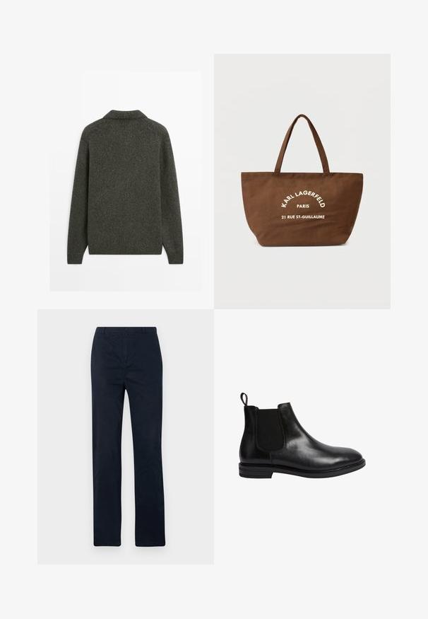 Mörkgrå ulltröja med långa ärmar och ribbad nederkant, visad bakifrån på en ren vit bakgrund.; Vit kortärmad t-shirt med rund halsringning, tillverkad av bomull. Enkel design, utan mönster eller detaljer, sedd bakifrån.; Mörkblå byxor i bomull, med rak benstruktur, framknäppning och utan synliga mönster eller detaljer.; Svart läder Chelsea-boots med elastisk sidopanel, rund tå, dragflik bak, och en låg staplad klack. Slät, polerad yta.; Brun canvas-ryggsäck med två handtag, med vit tryckt text "KARL LAGERFELD PARIS 21 RUE ST-GUILLAUME." Enkel design och rymlig form.