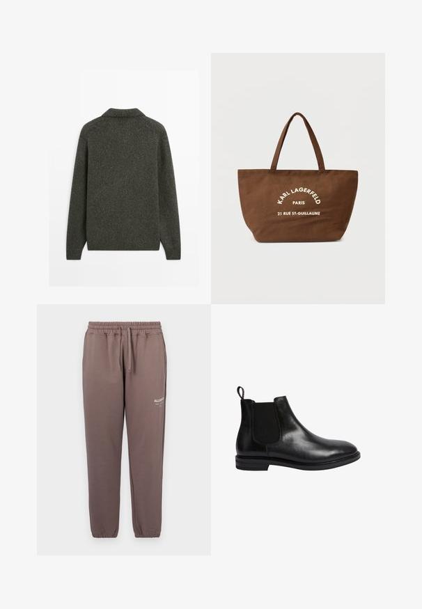 Ciemnoszary wełniany sweter z długimi rękawami i ściągaczem, pokazany z tyłu na jednolitym białym tle.; Biały, krótki rękaw, t-shirt z okrągłym dekoltem, wykonany z bawełny. Prosty design, bez wzorów i dodatków, widziany od tyłu.; Brązowe dresowe spodnie z bawełny z elastycznym paskiem w talii i mankietami, z małym białym logo nadrukowanym na lewej nogawce.; Czarne skórzane botki Chelsea z elastycznym panelem bocznym, zaokrąglonym noskiem, pętelką z tyłu i niskim, warstwowym obcasem. Gładka, wypolerowana powierzchnia.; Brązowa torba na ramię z płótna z dwoma uchwytami, z białym nadrukiem tekstu "KARL LAGERFELD PARIS 21 RUE ST-GUILLAUME." Prosty design i przestronny kształt.