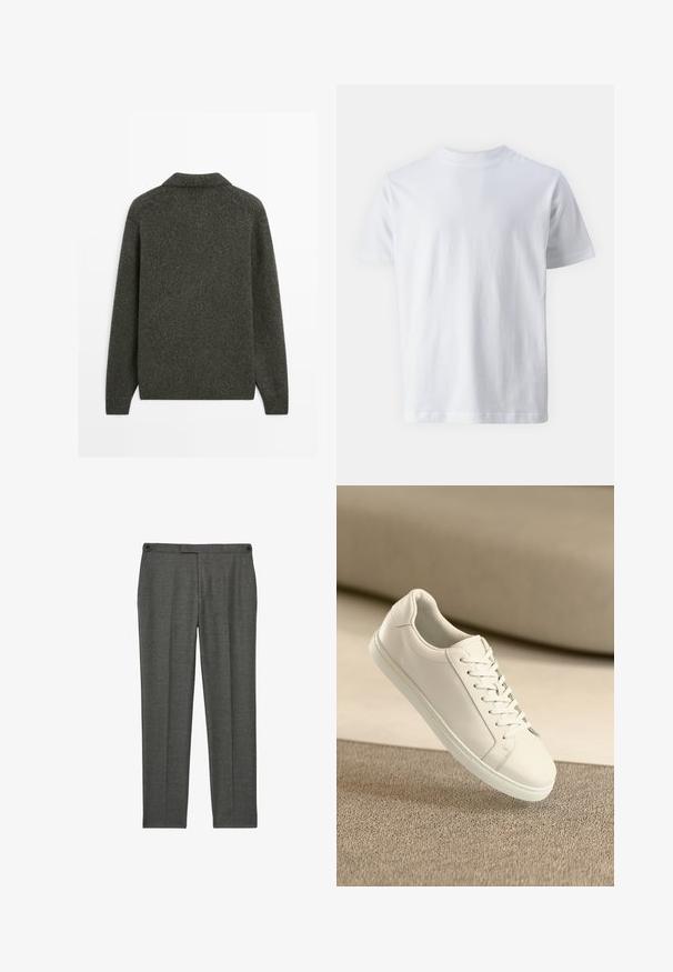 Ciemnoszary wełniany sweter z długimi rękawami i ściągaczem, pokazany z tyłu na jednolitym białym tle.; Biały, krótki rękaw t-shirt wykonany z bawełny, z okrągłym dekoltem i gładką teksturą, o prostym kroju i bez wzorów.; Szare krawieckie spodnie wykonane z teksturowanej tkaniny. Posiadają płaski przód, dwie boczne kieszenie oraz subtelne detale przeszycia.; Białe skórzane sneakersy z białymi sznurówkami, wyeksponowane na beżowej teksturowanej powierzchni oraz z miękkim rozmytym tłem.