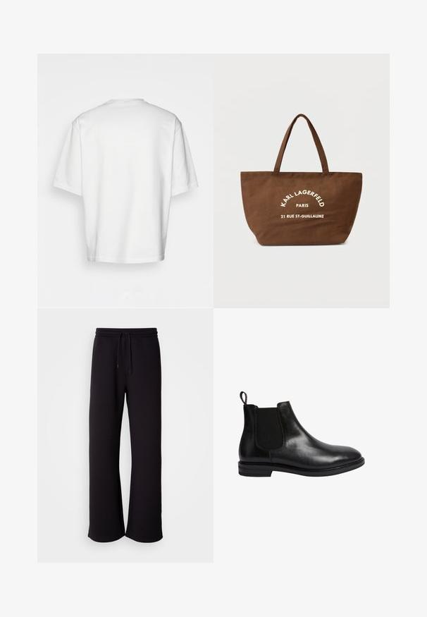 Dark gray wool sweater with long sleeves and a ribbed hem, shown from the back on a plain white background.; White short-sleeve t-shirt, loose fit, round neckline, smooth cotton fabric, unembellished back, straight hemline, no patterns or accents.; Black sweatpants made of soft material, featuring a drawstring waist, loose fit, and straight leg design. Minimalist style with no patterns.; Black leather Chelsea boot with elastic side panel, rounded toe, pull tab at the back, and a low stacked heel. Smooth, polished surface.; Brown canvas tote bag with two handles, featuring white printed text "KARL LAGERFELD PARIS 21 RUE ST-GUILLAUME." Simple design and spacious shape.