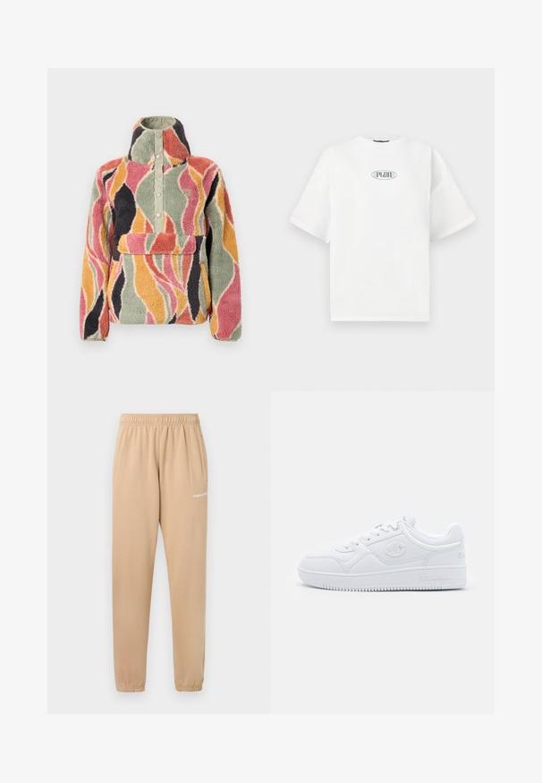 Fleecetröja med hög krage och tryckknappslås. Har ett vågigt mönster i flera färger i rosa, grönt, orange och svart.; Vit kortärmad t-shirt i bomull, med en grafisk logotyp i grönt inom en oval form i mitten av bröstet.; Beige sweatpants med elastisk midja, avsmalnande ben och sidofickor. Har liten vit text "PEGADOR" på vänster lår.; Vit sneaker gjord av slät syntetiskt material, med rund tå, platt sula och subtila logotypdetaljer på sidorna. Klassisk low-top design.