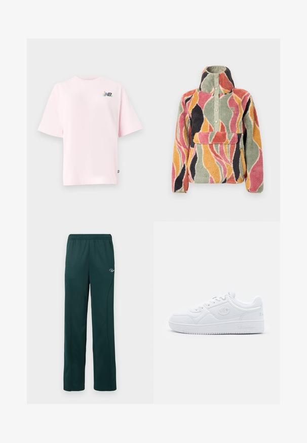 Fliisist eesrihm, millel on kõrge krae ja pressnööbi sulgur. Omaduseks on laineline mitmevärviline muster roosas, rohelises, oranžis ja mustas.; Lühikeste varrukatega, ümar kaelusega t-särk helesinises puuvillas, millel on vasakul rinnal värviline New Balancei logo. Tavaline lõige, pehme tekstuur.; Tumed roheline dressipüksid, mis on valmistatud pehmest kangast, elastse vöökoha ja külgseemnetega, väikese logoga ees.; Valged tennisjalatsid, mis on valmistatud siledast sünteetilisest materjalist, ümarate varvastega, tasase talla ja peente logo aktsentidega külgedel. Klassikaline madala varbaga disain.