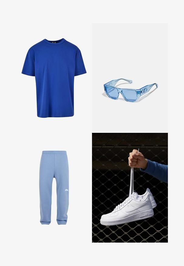 Hanorac albastru deschis dintr-un material moale, cu un buzunar frontal, manșete cu nervuri și glugă cu șnur. Branding minim pe buzunar.; Tricou din bumbac de culoare albastru regal, cu guler rotund și mâneci scurte. Textură netedă, croială lejeră și fără modele sau logo-uri vizibile.; Pantaloni de trening de culoare albastru deschis, cu talie elastică, picioare înguste și un logo alb pe coapsa stângă. Confecționați dintr-un material moale, texturat.; Adidași albaștri din piele cu perforații, vârf rotund, talpă plată și șireturi groase, cu un logo swoosh vizibil și cu inscripția "AIR" pe toc.; Ochelari de soare albaștri cu un cadru din plastic transparent, formă unghiulară și lentile de culoare albastră. Prezentă detalii cu logo pe brațe.