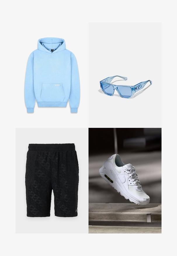 Hoodie bleu clair en tissu doux, avec une poche frontale, des poignets côtelés et une capuche à cordon. Minimalisme de la marque sur la poche.; Shorts noirs en tissu texturé avec un motif en relief. Taille élastique pour le confort. Design simple sans aucune quincaillerie visible.; Sneaker Nike Air Max 90 blanche avec une tige en mesh et cuir, une boîte à orteils perforée et une unité air visible au talon.; Lunettes de soleil bleues avec une monture en plastique transparent, de forme angulaire, et des verres teintés bleus. Présente un détail de logo sur les branches.