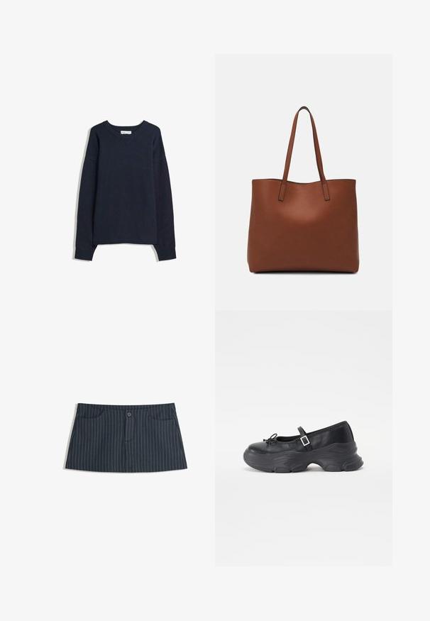 Námornícky modrý sveter s V-krkom, dlhými rukávmi, rebrovanými manžetami a spodným okrajom. Vyrobený z mäkkej pleteniny, s pohodlným strihom a minimalistickým dizajnom.; Námorníckom modré mini sukne s pruhmi, so prednými vreckami a jednoduchým gombíkom na zapínanie v páse.; Čierne kožené topánky Mary Jane s okrúhlou špičkou, detailom mašličky a nastaviteľným remienkom okolo členka. Obsahujú robustnú gumovú podrážku s zakrivenými akcentmi.; Hnedá kožená taška na rameno s hladkou textúrou, otvoreným vrchom a dvoma ramenými popruhmi. Má minimálne šitia a žiadne viditeľné kovania.