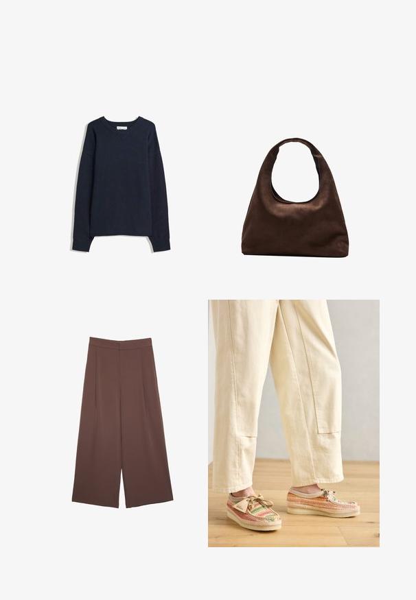 Námornícky modrý sveter s V-krkom, dlhými rukávmi, rebrovanými manžetami a spodným okrajom. Vyrobený z mäkkej pleteniny, s pohodlným strihom a minimalistickým dizajnom.; Hnedé nohavice so širokými nohavicami a hladkou textúrou, s vysokým pásom a prednými skladmi. Tkanina je ľahká a voľne sa pohybuje.; Viacfarebné tkané topánky s béžovým základom, so zaoblenou špičkou a šnurovacím dizajnom. Textúrovaná látka s vzorovaným povrchom a svetlohnedými akcentami.; Svetlohnedá kabelka v štýle hobo s jedným širokým popruhom a zakriveným otváraním na vrchu, vystavená na bielom pozadí.