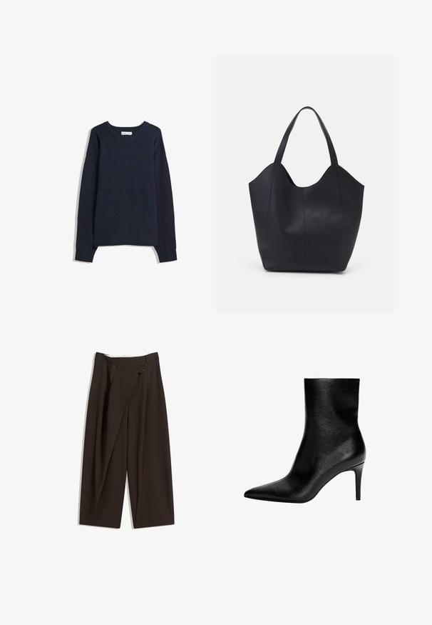 Pulover din lână bleumarin, cu decolteu în V, mâneci lungi, cu tivuri și marginea de țesătură. Realizat dintr-un material moale, cu un croi lejer și un design minimalist.; Pantaloni largi de culoare maron închis, cu talie înaltă, având închiere cu un singur nasture și un față pliată. Confectionați dintr-un material ușor.; Botină din piele neagră, cu vârf ascuțit și toc stiletto subțire de înălțime medie, textură netedă și fără închideri vizibile.; Geantă de umăr neagră, realizată din piele netedă, cu un design minimalist, având un vârf deschis curbat și două mânere pentru umăr.