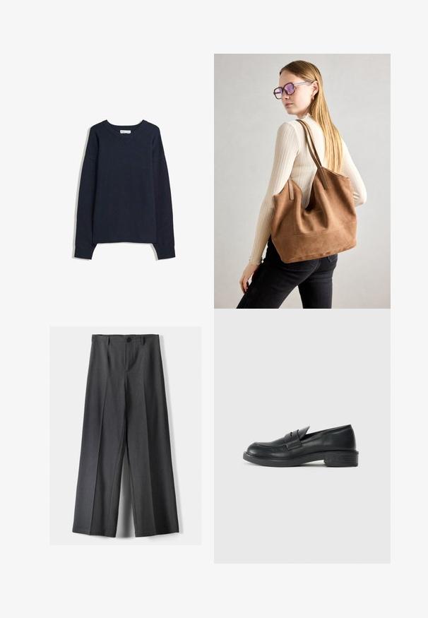 Tummansininen villapaita, jossa on V-pääntie, pitkät hihat, ribbireunat hihoissa ja helmassa. Valmistettu pehmeästä neulosmateriaalista, jossa on rento malli ja minimaalinen muotoilu.; Housut, joissa on leveät lahkeet tummanharmaasta kankaasta. Varustettu napin sulkemisella, etupleiteillä ja vyölenkeillä. Sujuva rakenne ja räätälöity muotoilu.; Musta nahkainen loafers-mallinen kenkä pyöreällä varvalla, ommelluilla yksityiskohdilla ja pienellä korolla. Yksinkertainen pinta ja joustava kumipohja.; Ruskea nubukkivuoriolaukku, jossa on pehmeä rakenne, tilava avaus ja pitkät hihnat. Ominaisuuksiin kuuluu yksinkertainen muotoilu näkyvine ompeleineen ja ilman metalliosia.