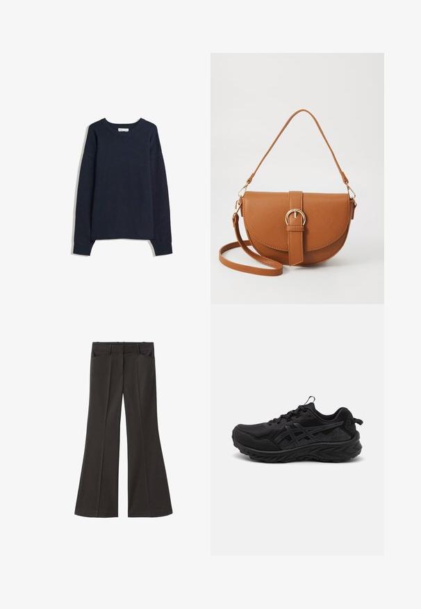 Navy modra pulover s V-izrezom, dolgimi rokavi, rebrastimi manšetami in spodnjim robom. Narejen iz mehke pletene tkanine, s sproščenim krojem in minimalnim dizajnom.; Črne razširjene hlače z visokim pasom; vključujejo dva sprednja žepa in gladko teksturo tkanine. Primerne za različne priložnosti.; Črne športne čevlje iz mrežaste in teksturirane tkanine, z izrazitim dizajnom, oblikovanim podplatom in toniranimi logotipnimi poudarki. S sponkami.; Rjava usnjena torbica prek telesa s ukrivljeno obliko, zlate opreme in sponko. Ima odstranljiv naramni trak.
