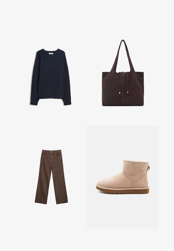 Navy modra pulover s V-izrezom, dolgimi rokavi, rebrastimi manšetami in spodnjim robom. Narejen iz mehke pletene tkanine, s sproščenim krojem in minimalnim dizajnom.; Široke rjave kavbojke iz denima, ki imajo visok pas, sprednje žepe in klasično zapiranje na gumb. Gladka tekstura s subtilnim šivom.; Bež usnjeni gležnjarji s zaobljenim nosom, šivanimi detajli in teksturiranim rjavim gumijastim podplatom. Imajo zanka na hrbtni strani.; Mango Torba za nakupovanje - dark brown