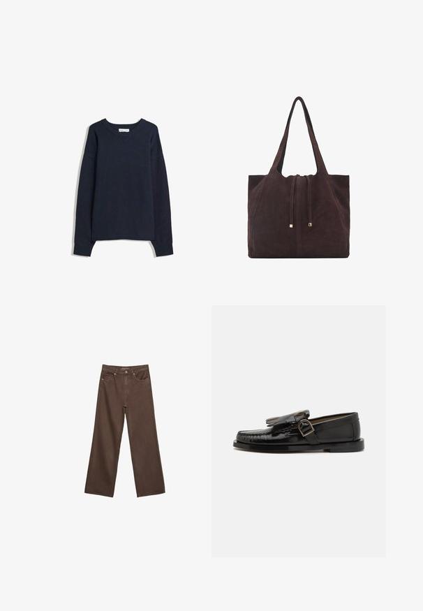 Námornícky modrý sveter s V-krkom, dlhými rukávmi, rebrovanými manžetami a spodným okrajom. Vyrobený z mäkkej pleteniny, s pohodlným strihom a minimalistickým dizajnom.; Džínsy s širokými nohavicami v hnedej farbe, vyrobené z denimu, so zvýšeným pásom, prednými vreckami a klasickým zapínaním na gombík. Hladká textúra s jemným prešívaním.; Čierne kožené mokasíny s lesklým povrchom, zdobené strapcami a detailom s prackou. Nízky profil podrážky s minimálnym dezénom.; Mango Veľká kabelka - dark brown
