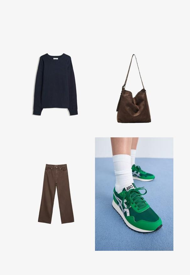 Tamno plavi pulover s V-izrezom, dugim rukavima, rebrastim manžetama i rubom. Izrađen od mekog pletenog materijala, sa opuštenim krojem i minimalnim dizajnom.; Proširene smeđe traperice od denima, s visokim strukom, prednjim džepovima i klasičnom kopčom na dugme. Glatka tekstura s suptilnim šavovima.; Zeleni mrežasti i sintetički tenisici s bijelim detaljima i crnom gumenom podešom. Imaju vezice, podstavljeni ovratnik i ASICS logo na jeziku.; Smešasti smeđi hobo torba s zakrivljenim vrhom, dugim remenom s točkastim detaljima i mekanim materijalom. Ima opušteni dizajn za svakodnevnu upotrebu.