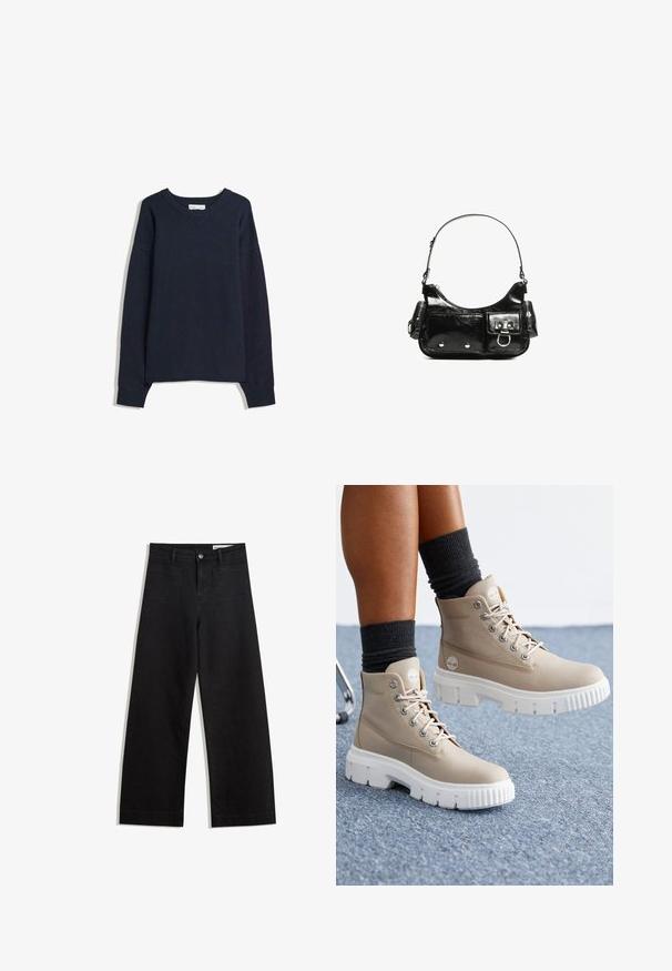 Nadrágkék V nyakú pulóver, hosszú ujjakkal, bordás mandzsettákkal és szegéllyel. Puha kötött anyagból készült, laza szabású és minimalista dizájnú.; Fekete, bő szabású farmernadrág magas derékkal, elülső és hátsó zsebekkel, varrott felületekkel és gombos záródással. Sima textúra.; Textilből készült bézs bokacsizmák, fehér vastag talppal, kerek orral és fém fűzőlyukakkal. Oldalán logó részlettel tervezték.; Fekete lakkbőr kézitáska ívelt formával, egy vállpánttal, elülső zsebekkel és ezüstszínű fémrészletekkel.