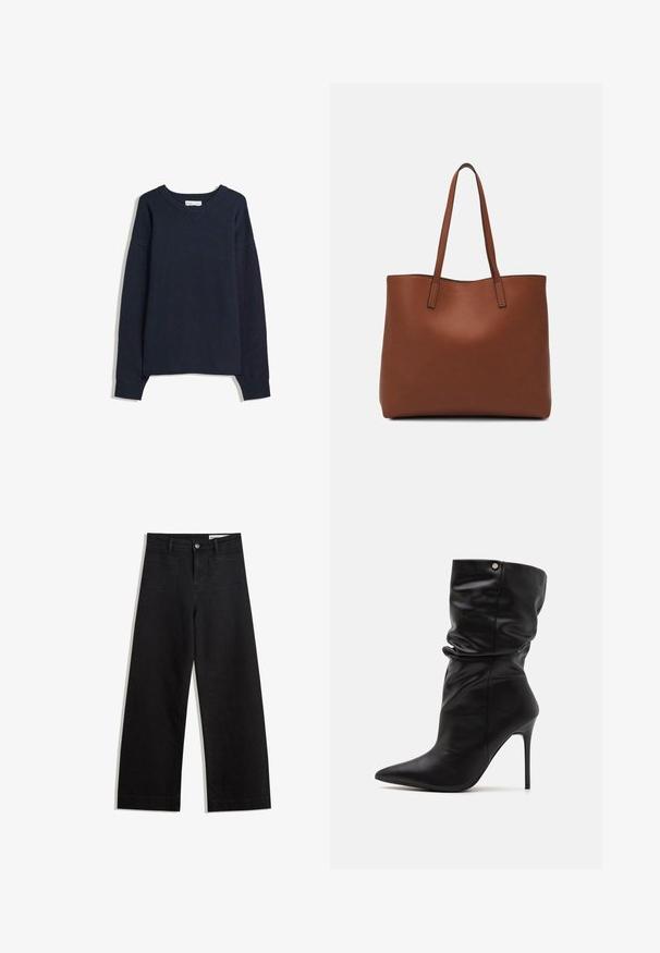 Navy blue sweater with a V-neck, long sleeves, ribbed cuffs and hem. Made of soft knit material, featuring a relaxed fit and minimal design.; Black wide-leg denim pants with a high waist, featuring front and back pockets, stitched seams, and a button closure. Smooth texture.; Even&Odd Wide Fit High heeled ankle boots - black; Brown leather tote bag with a smooth texture, open top design, and two shoulder straps. Features minimal stitching and no visible hardware.
