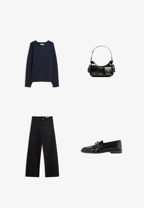 Dunkelblauer Pullover mit V-Ausschnitt, langen Ärmeln sowie gerippten Bündchen und Saum. Hergestellt aus weichem Strickmaterial, hat er eine lockere Passform und ein minimalistisches Design.; Schwarze weit geschnittene Jeans mit hoher Taille, ausgestattet mit Vorder- und Hintertaschen, gesteppten Nähten und einem Knopfverschluss. Glatte Textur.; Schwarze Leder-Loafer mit runder Zehenpartie, geraffter Textur und goldenen Hardware-Akzenten. Flacher Absatz und durchgehend glatte Oberfläche.; Schwarze Lackleder-Handtasche mit geschwungenem Design, einem Schulterriemen, Vordertaschen und silberfarbenen Hardware-Akzenten.