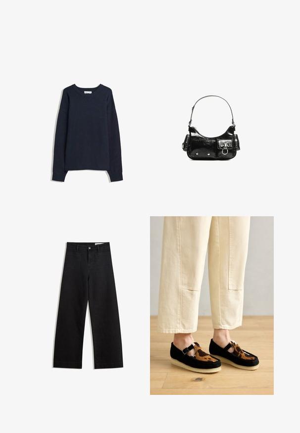 Námornícky modrý sveter s V-krkom, dlhými rukávmi, rebrovanými manžetami a spodným okrajom. Vyrobený z mäkkej pleteniny, s pohodlným strihom a minimalistickým dizajnom.; Čierne denimové nohavice s širokými nohavicami a vysokým pásom, so prednými a zadnými vreckami, šitými švami a zapínaním na gombík. Hladká textúra.; Čierno-hnedé topánky na slip-on so vzorom bodiek, s béžovou podrážkou a dizajnom T-strap, vyrobené z textúrovaného materiálu, nosené s béžovými nohavicami.; Čierna laková kožená kabelka s ohnutým tvarom, jedným ramenným popruhom, prednými vreckami a striebornými kovovými doplnkami.