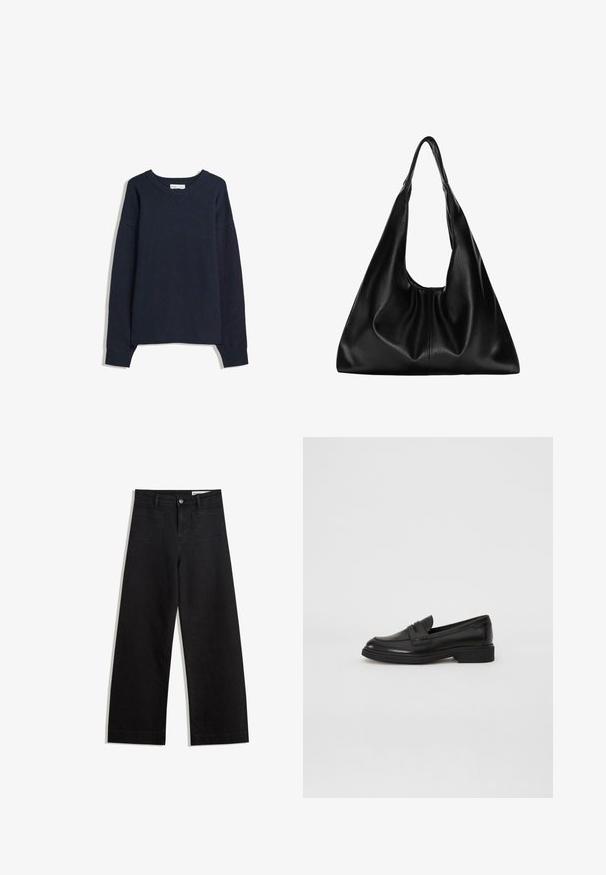 Pulover din lână bleumarin, cu decolteu în V, mâneci lungi, cu tivuri și marginea de țesătură. Realizat dintr-un material moale, cu un croi lejer și un design minimalist.; Pantaloni din denim negri cu picioare largi, cu talie înaltă, având buzunare frontale și posterioare, cusături dublate și închidere cu nasture. Textură netedă.; Marc O'Polo PAULA - Pantofi slip-on - black; Geantă hobo din piele neagră, cu o formă moale și curbată. Prezintă un mâner lat în partea de sus și pliuri la bază pentru o textură lejeră.