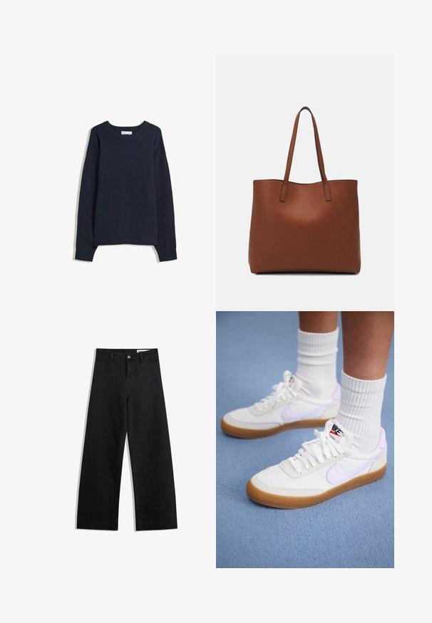 Navy modra pulover s V-izrezom, dolgimi rokavi, rebrastimi manšetami in spodnjim robom. Narejen iz mehke pletene tkanine, s sproščenim krojem in minimalnim dizajnom.; Črne široke denim hlače z visokim pasom, ki imajo sprednje in zadnje žepe, šivane šive ter gumbasto zapiranje. Gladka tekstura.; Bele superge iz platna z svetlo vijoličnim Nike simbolom, gumijastim podplatom in ravnimi vezalkami. Obute z belimi rebrastimi nogavicami, na modri ozadju.; Rjava usnjena torba z gladko teksturo, odprto zasnovo zgoraj in dvema naramnima trakovoma. Opremljena je z minimalnim šivanjem in brez vidnih kovinskih delov.