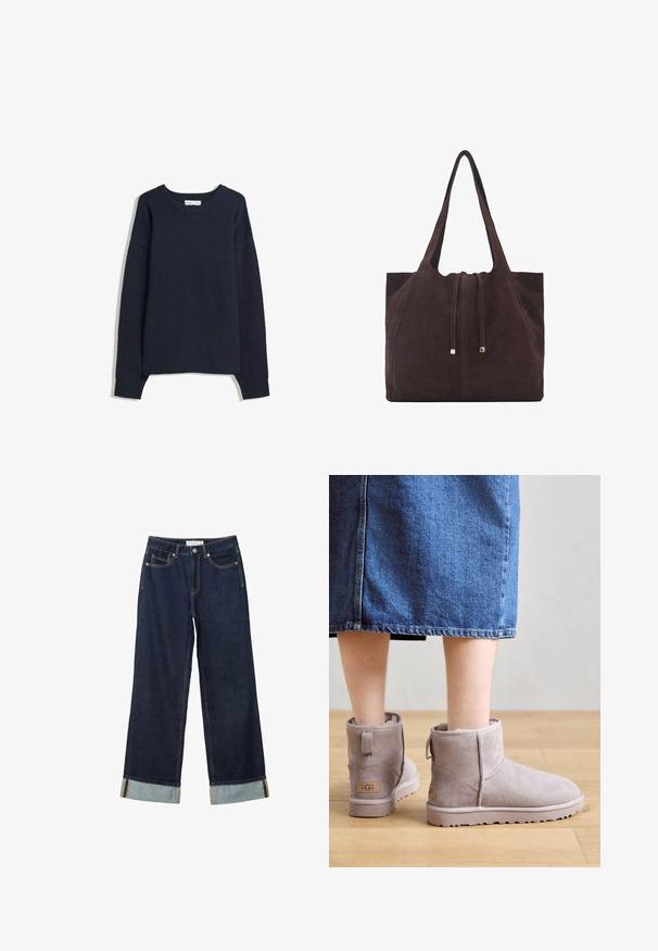 Tamno plavi pulover s V-izrezom, dugim rukavima, rebrastim manžetama i rubom. Izrađen od mekog pletenog materijala, sa opuštenim krojem i minimalnim dizajnom.; Tamno plave široke traperice viskog struka, s okrenutim rubovima, kontrastnim šavovima i dizajnom s pet džepova. Izrađene su od traper tkanine.; Sive antilopne gležnjače s plišastom podlogom, ravnim potplatom i malim petom. Imaju stražnji remen i oznaku s brandom sa strane.; Mango Velika torba - dark brown