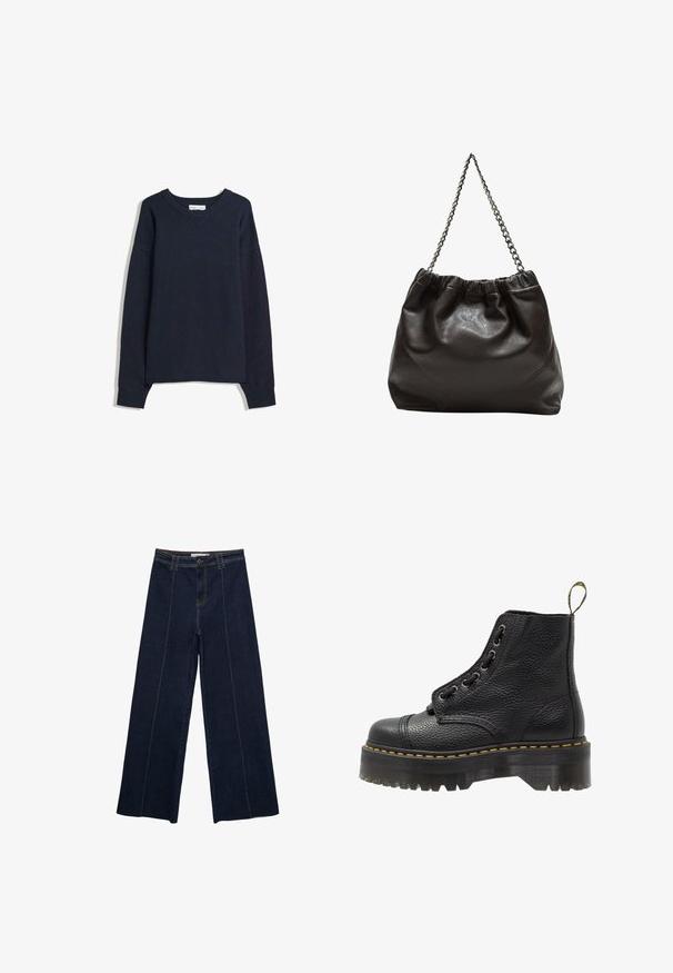 Granatowy sweter z dekoltem w serek, długimi rękawami, ściągaczami przy mankietach i na dole. Wykonany z miękkiego materiału dzianinowego, charakteryzuje się luźnym krojem i minimalistycznym designem.; Szerokie spodnie z ciemnego denimu z kontrastowym przeszyciem, wysoki stan i prosty krój. Posiadają kieszenie z przodu oraz klasyczne zapięcie na guzik.; Czarne skórzane botki za kostkę o fakturowanej powierzchni, okrągłym nosku, sznurowanym designie, żółtych szwach i grubej, żłobionej czarnej podeszwie.; Brązowa skórzana torba z marszczonym szczytem i łańcuszkowym paskiem. Gładka tekstura z błyszczącym wykończeniem i subtelnymi detalami szwów po bokach.