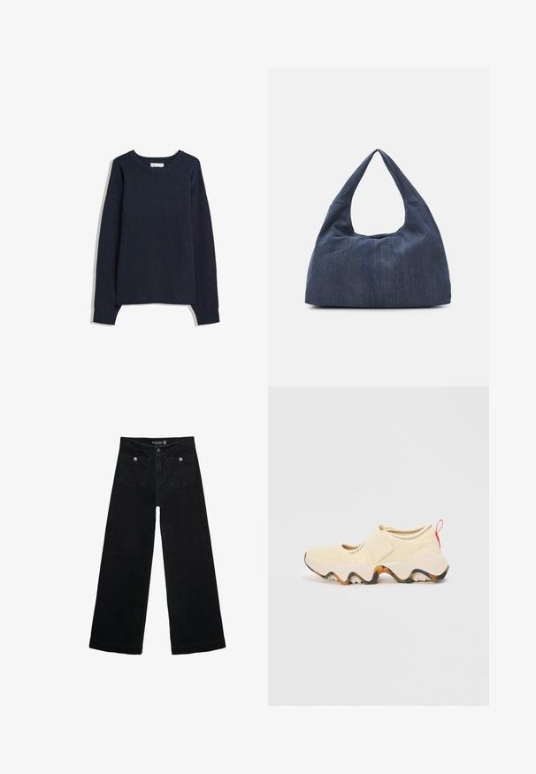 Dunkelblauer Pullover mit V-Ausschnitt, langen Ärmeln sowie gerippten Bündchen und Saum. Hergestellt aus weichem Strickmaterial, hat er eine lockere Passform und ein minimalistisches Design.; Schwarze, weit geschnittene Jeans mit hoher Taille, die zwei Fronttaschen und metallene Knopfakzente aufweist. Der Stoff hat eine glatte Textur.; Hellbeige Slippers mit strukturiertem Obermaterial, verstellbarem Riemen, robuster Gummisohle in Weiß mit orangefarbenen Akzenten und einer roten Zuglasche.; Dunkelblaue Denim-Tasche mit einer weichen, lässigen Form, ausgestattet mit einem Hobo-Stil Griff und einer strukturierten Oberfläche. Keine sichtbaren Hardware-Elemente.
