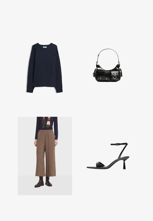 Marineblauwe trui met V-hals, lange mouwen, geribbelde boorden en zoom. Gemaakt van zacht breimateriaal, met een relaxte pasvorm en een minimalistisch ontwerp.; Bruine en tan geruite wijde broek met een elastische tailleband, gecombineerd met donkere leren enkellaarsjes.; Bershka Sandalen met hoge hak - black; Zwarte laarzen in lakleer met een gebogen vorm, één schouderband, voorvakken en accenten in zilverkleurig metaal.