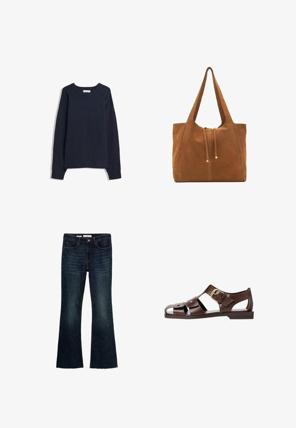 Tamno plavi pulover s V-izrezom, dugim rukavima, rebrastim manžetama i rubom. Izrađen od mekog pletenog materijala, sa opuštenim krojem i minimalnim dizajnom.; Razvijene tamnoplave traperice s izblijedjelim naglasima, pet džepova i sirovim rubom. Izrađene od pamuka s dugmetom za zatvaranje i petljama za remen.; Smeđe kožne sandale s izrezbarenim dizajnom, podesivim bočnim kopčanjem i ravnim potplatom, s metalnim detaljima i otvorenim prstima.; Smeđa antilop torba za ruke s dva duga remena, zatvaranje na vezicu i minimalistički dizajn. Glatka tekstura i bez vidljivih metalnih elemenata.